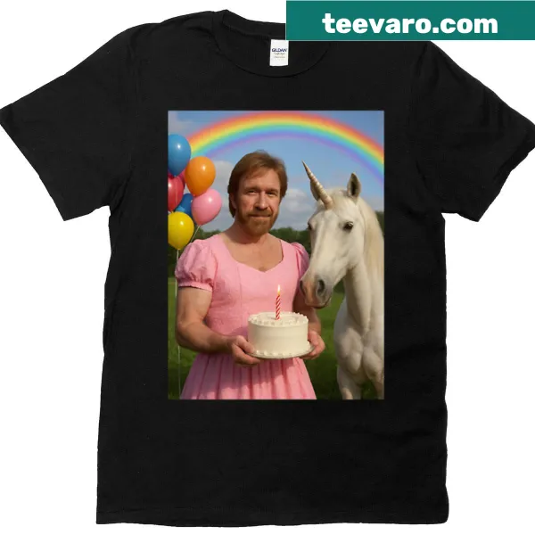 Funny T-shirt featuring Chuck Norris unicorn in a party hat.