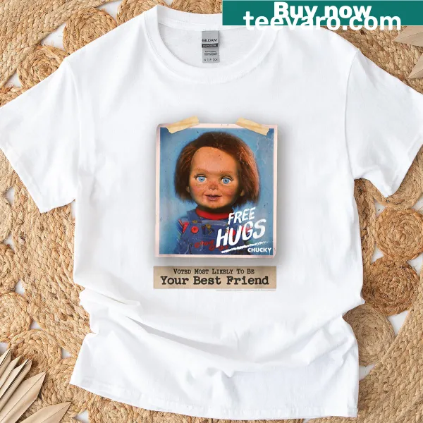 Chucky graphic with Free Hugs text on a vintage-style T-shirt
