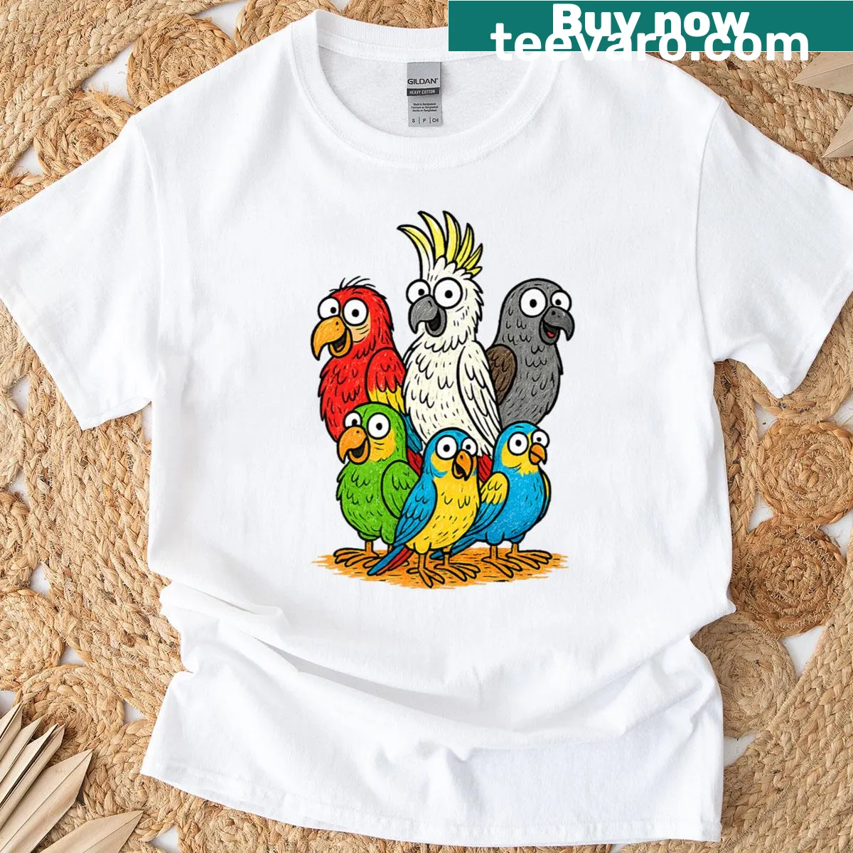 Humorous parrot family illustration on a colorful t-shirt — on a men's t-shirt