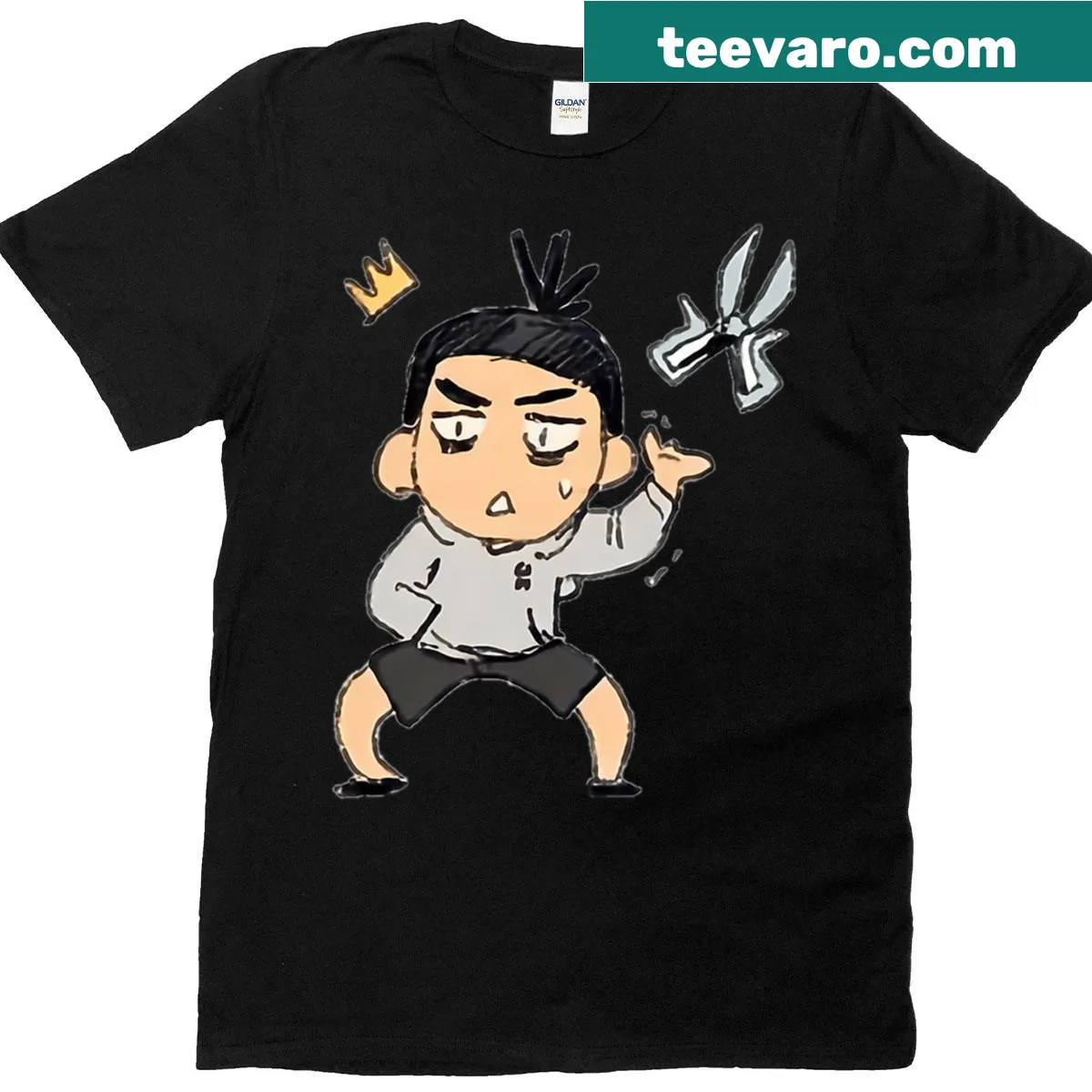 Cartoon ninja with scissors, depicted in a vintage style. — on a men's t-shirt
