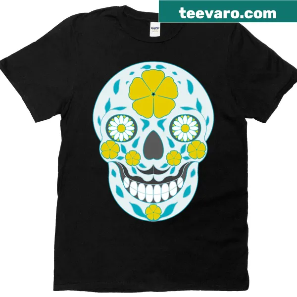 Intricate sugar skull graphic with bold typography on t-shirt