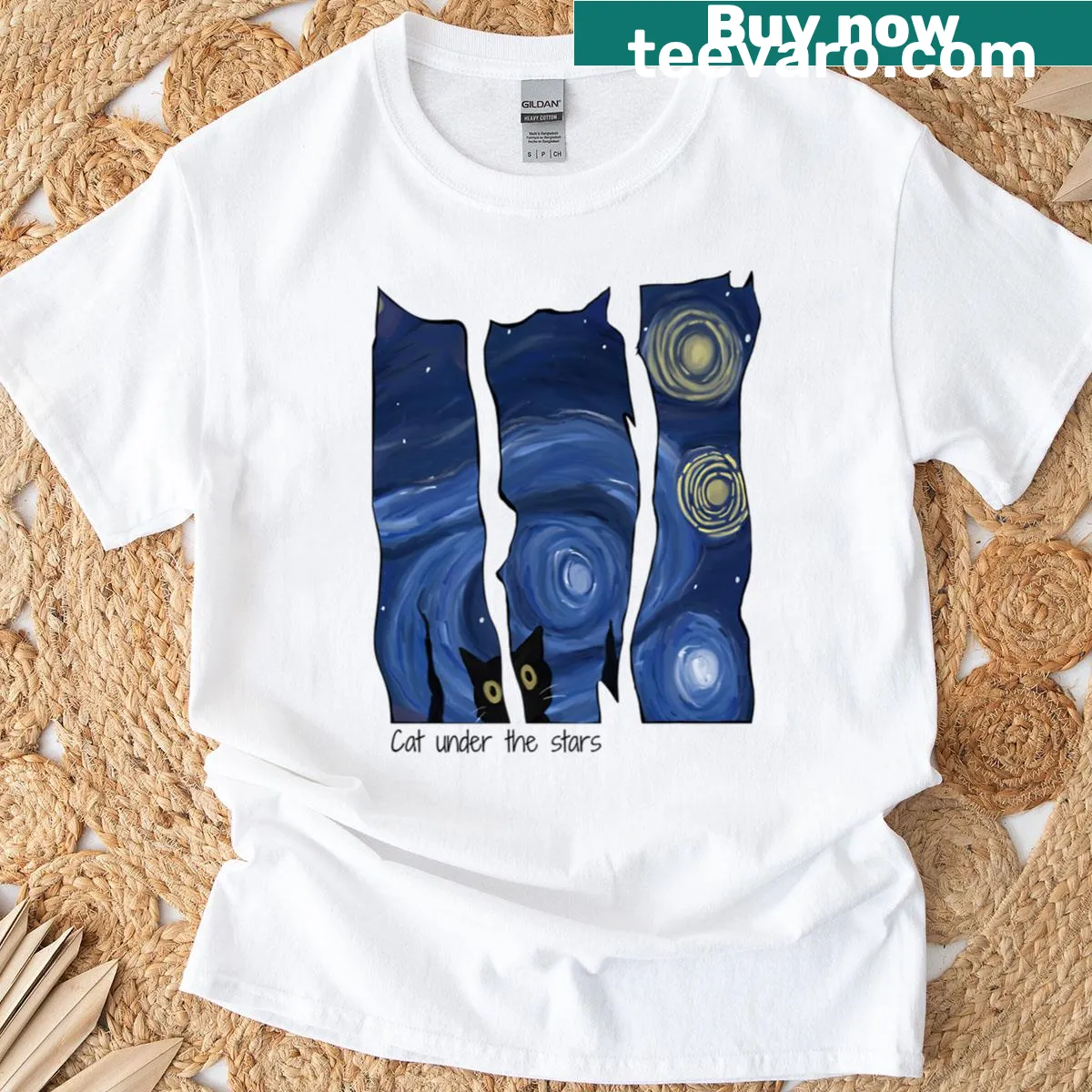 Illustration of a cosmic cat under a starry night sky — on a men's t-shirt