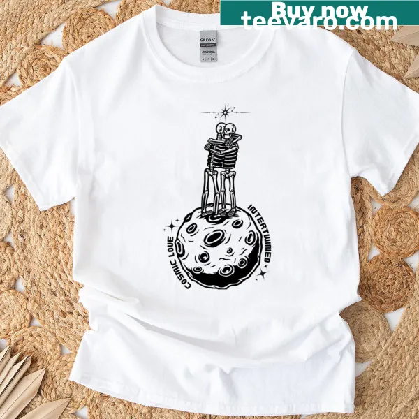 Cosmic skeleton embracing the moon graphic on a T-shirt