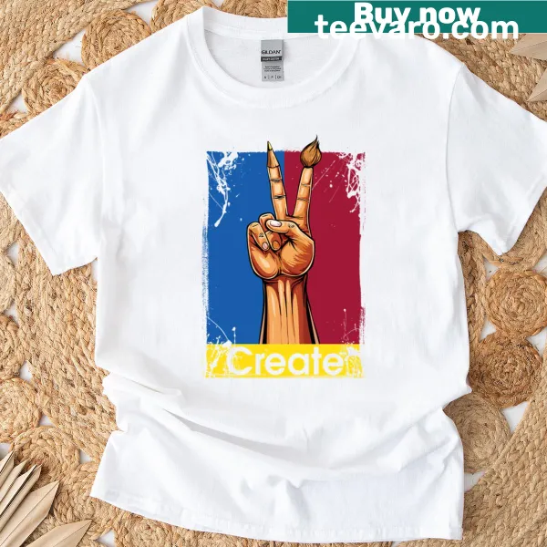Inspirational t-shirt with a hand peace sign and artistic elements