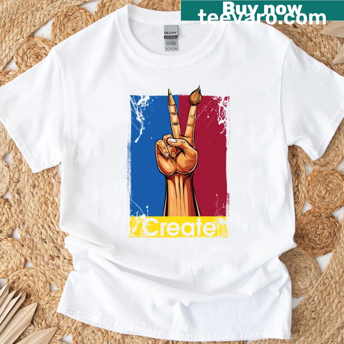 Inspirational t-shirt with a hand peace sign and artistic elements — on a men's t-shirt