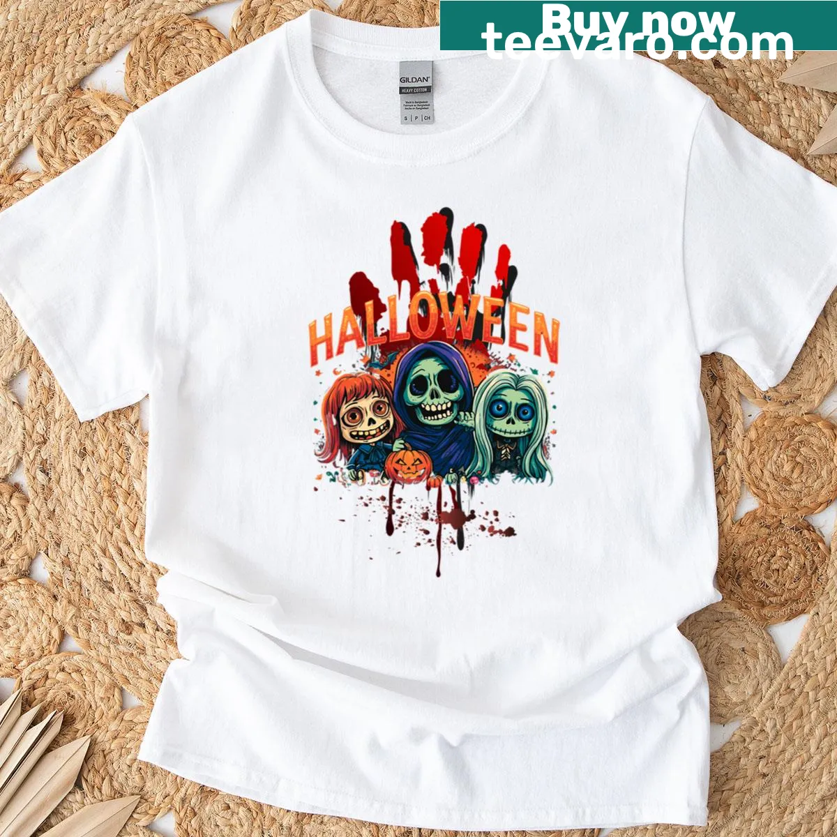 Halloween T-shirt with cute skeletons and pumpkin designs — on a men's t-shirt