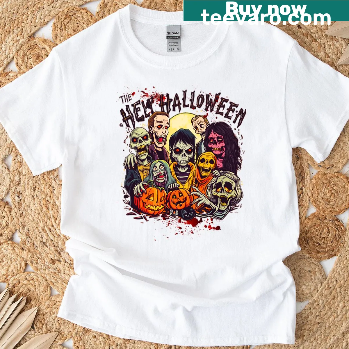 T-shirt with creepy skeletons, zombies, and pumpkins for Halloween — on a men's t-shirt