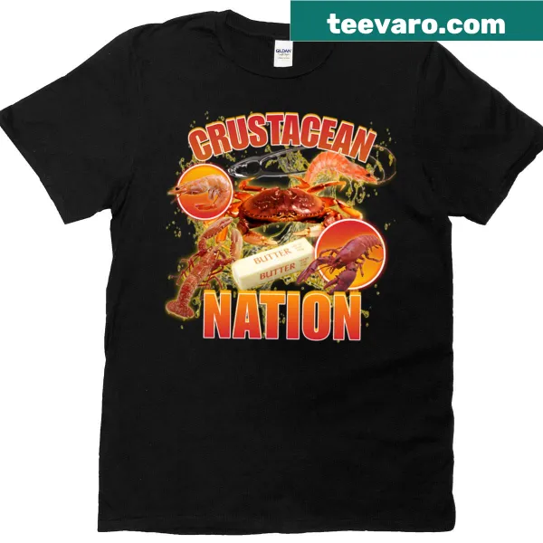 T-shirt featuring illustrations of various crustaceans in a playful design