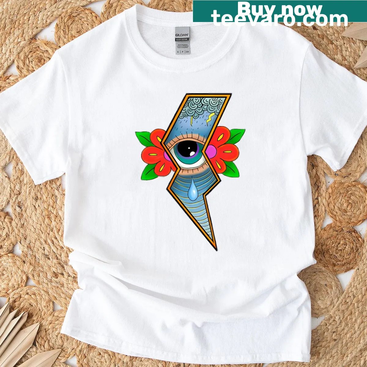 Bold lightning graphic with teardrops and edgy typography — on a men's t-shirt