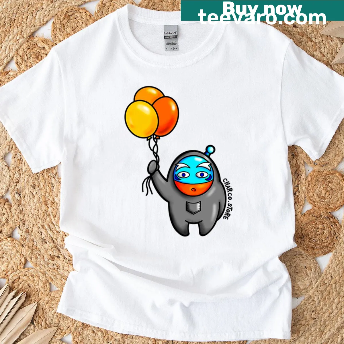 Whimsical alien character with balloons on a t-shirt. — on a men's t-shirt