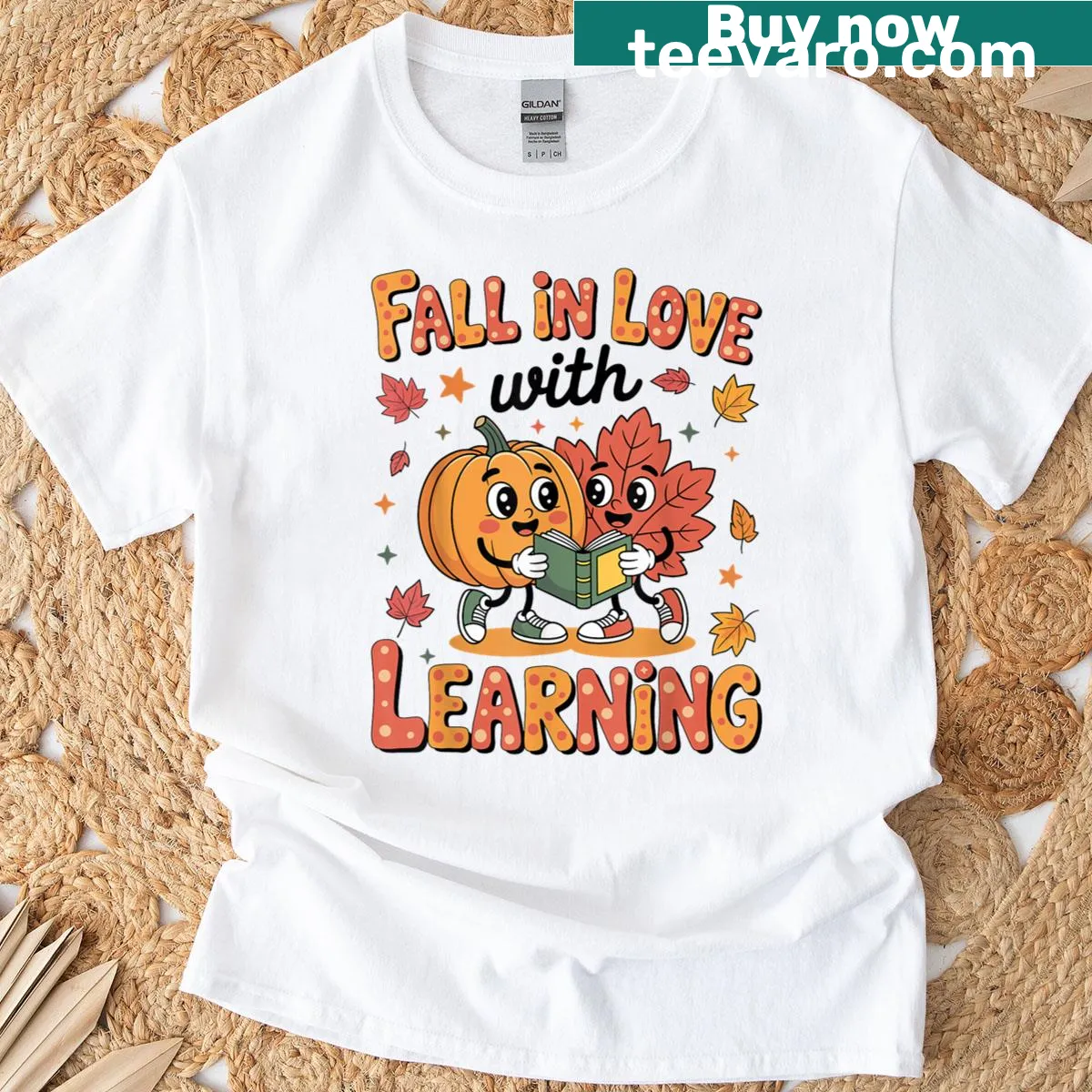 T-shirt featuring an autumn design with leaves and pumpkins — on a men's t-shirt