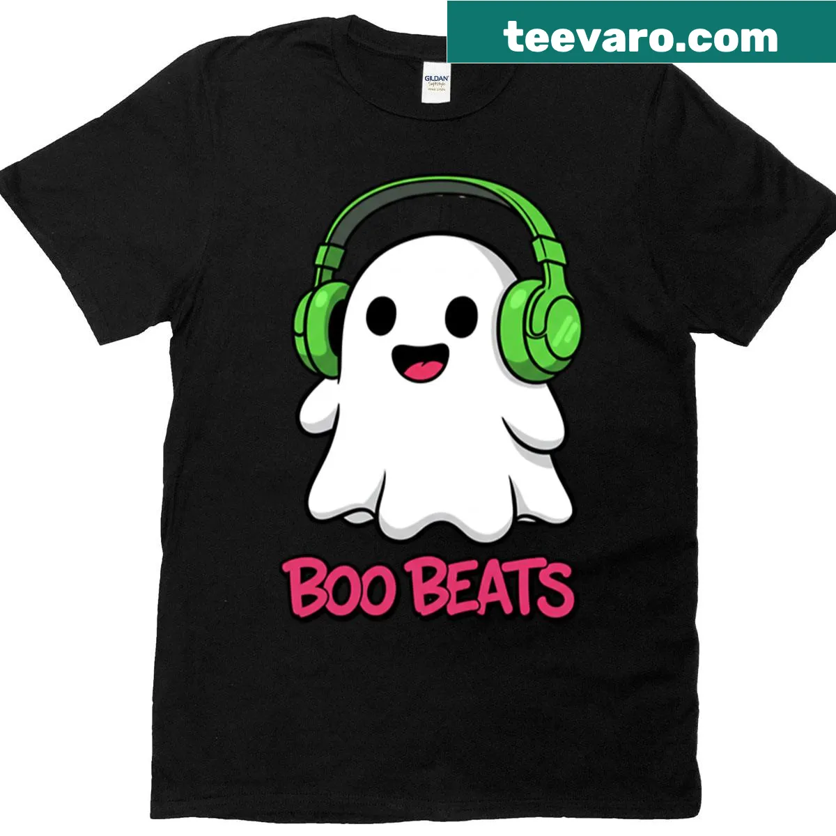 Cartoon ghost in headphones for Halloween music on a t-shirt — on a men's t-shirt