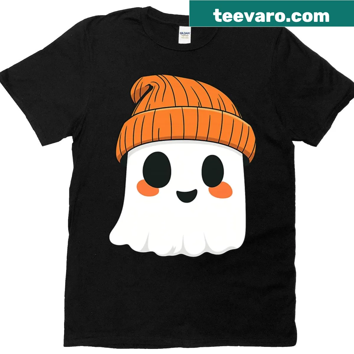 Cute Halloween ghost wearing a beanie in a fun spooky design — on a men's t-shirt
