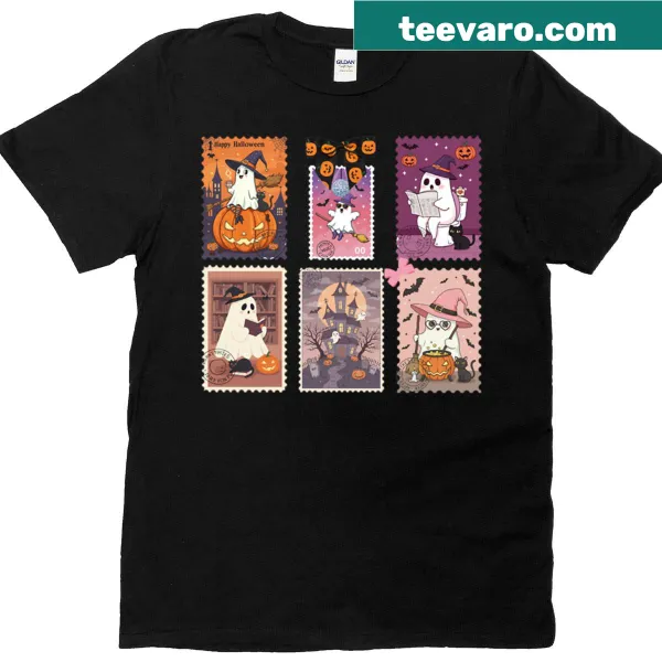 Cute ghost design T-shirt styled like a postage stamp for Halloween.