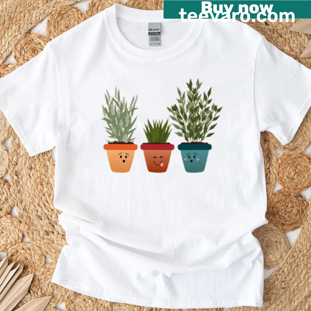 T-shirt featuring cute plant pots with funny faces and happy plants — on a men's t-shirt