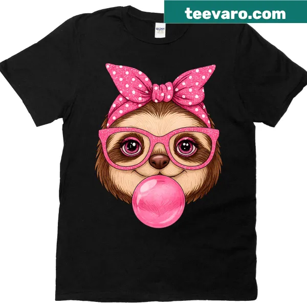 Cute sloth face shirt with pink sunglasses illustration