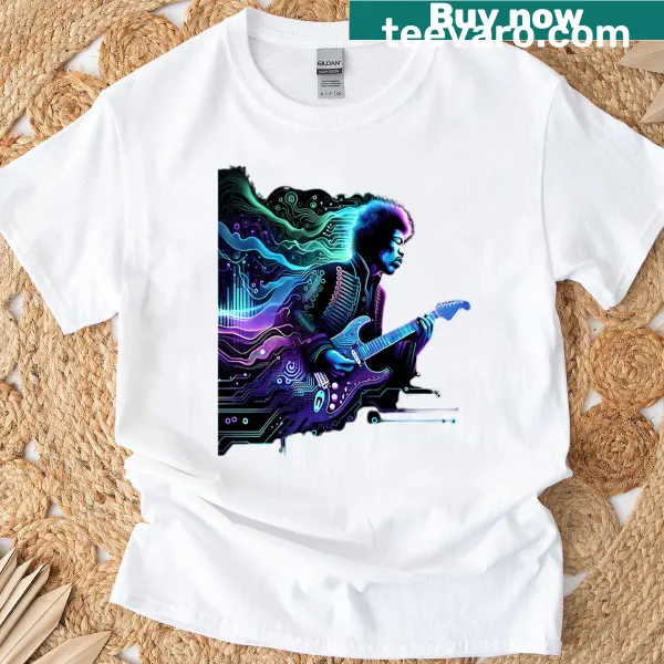 Jimi Hendrix illustration on a T-shirt blending classic rock with digital elements.