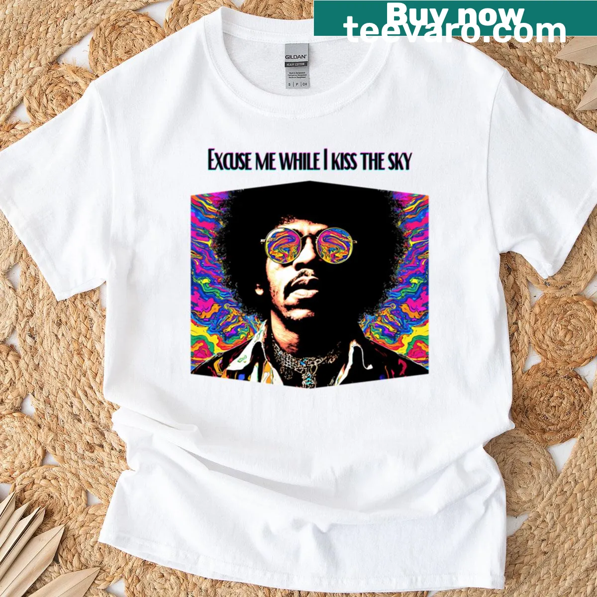 Psychedelic rock-themed t-shirt inspired by Jimi Hendrix. — on a men's t-shirt