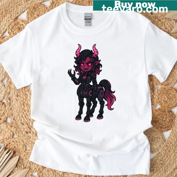 Cyberpunk centaur girl graphic with mecha and kawaii elements