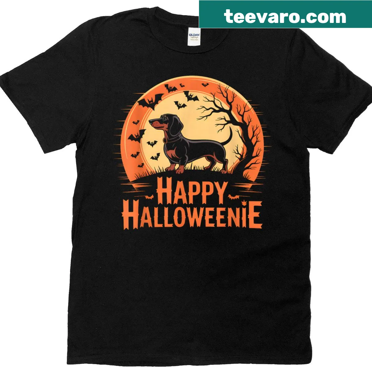 Halloween-themed T-shirt with a dachshund in a costume illustration — on a men's t-shirt