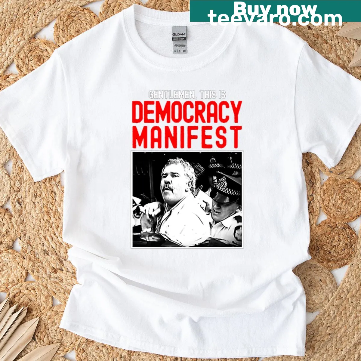 Retro T-shirt with the phrase 'Democracy Manifest' in classic letters. — on a men's t-shirt