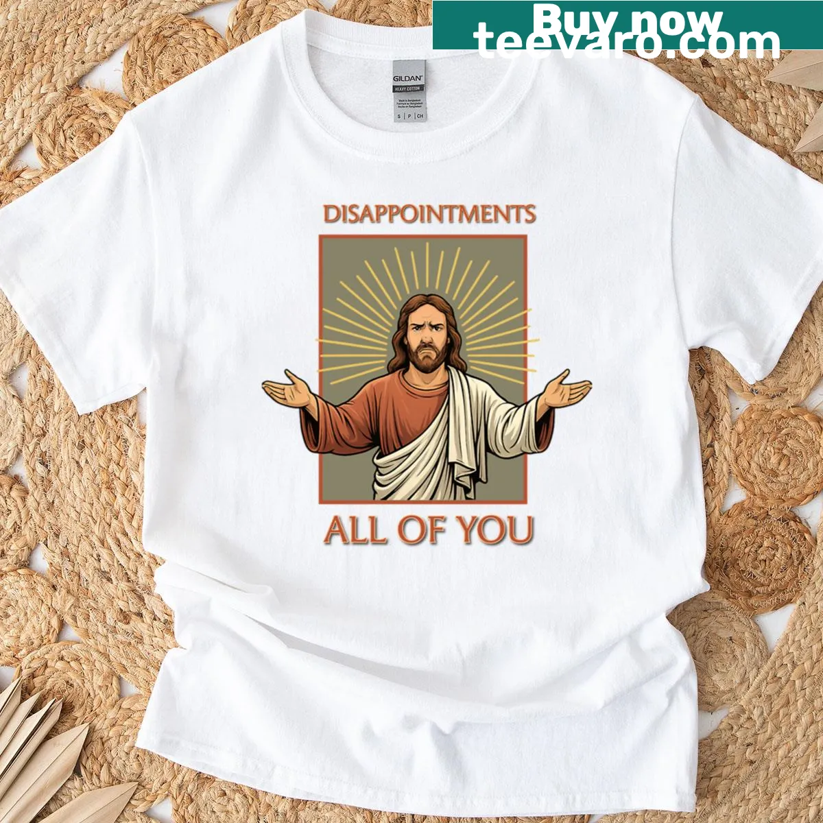 Funny Jesus meme design T-shirt with oversized fit — on a men's t-shirt