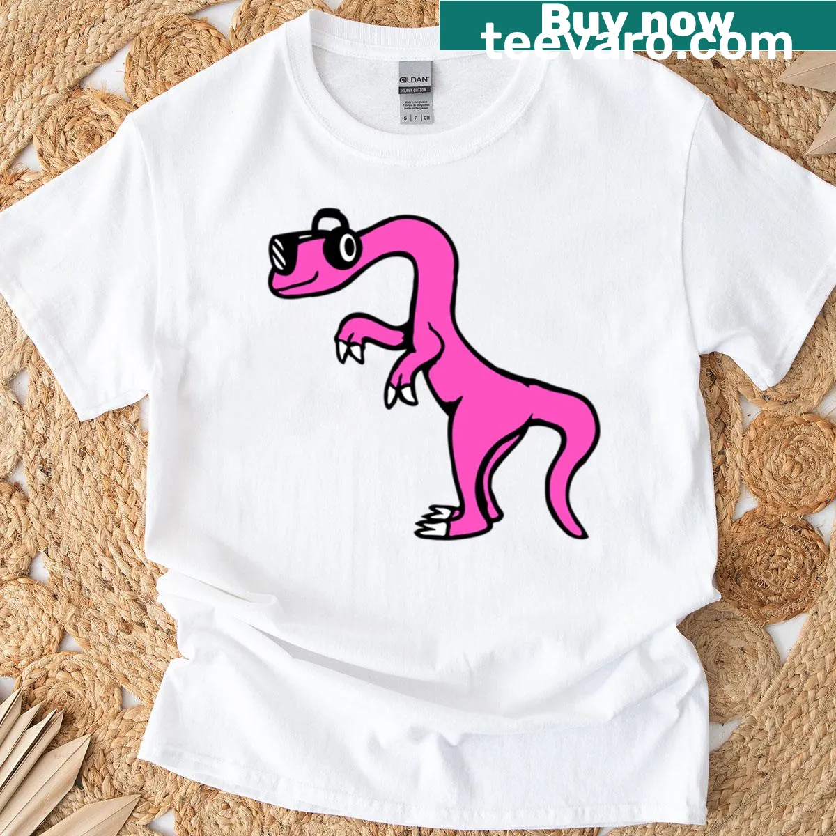 Cartoon DJ dinosaur in sunglasses and headphones, ready to party. — on a men's t-shirt