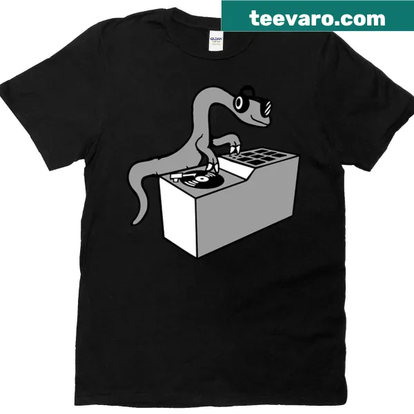 Cartoon DJ dinosaur with turntables and headphones on a t-shirt