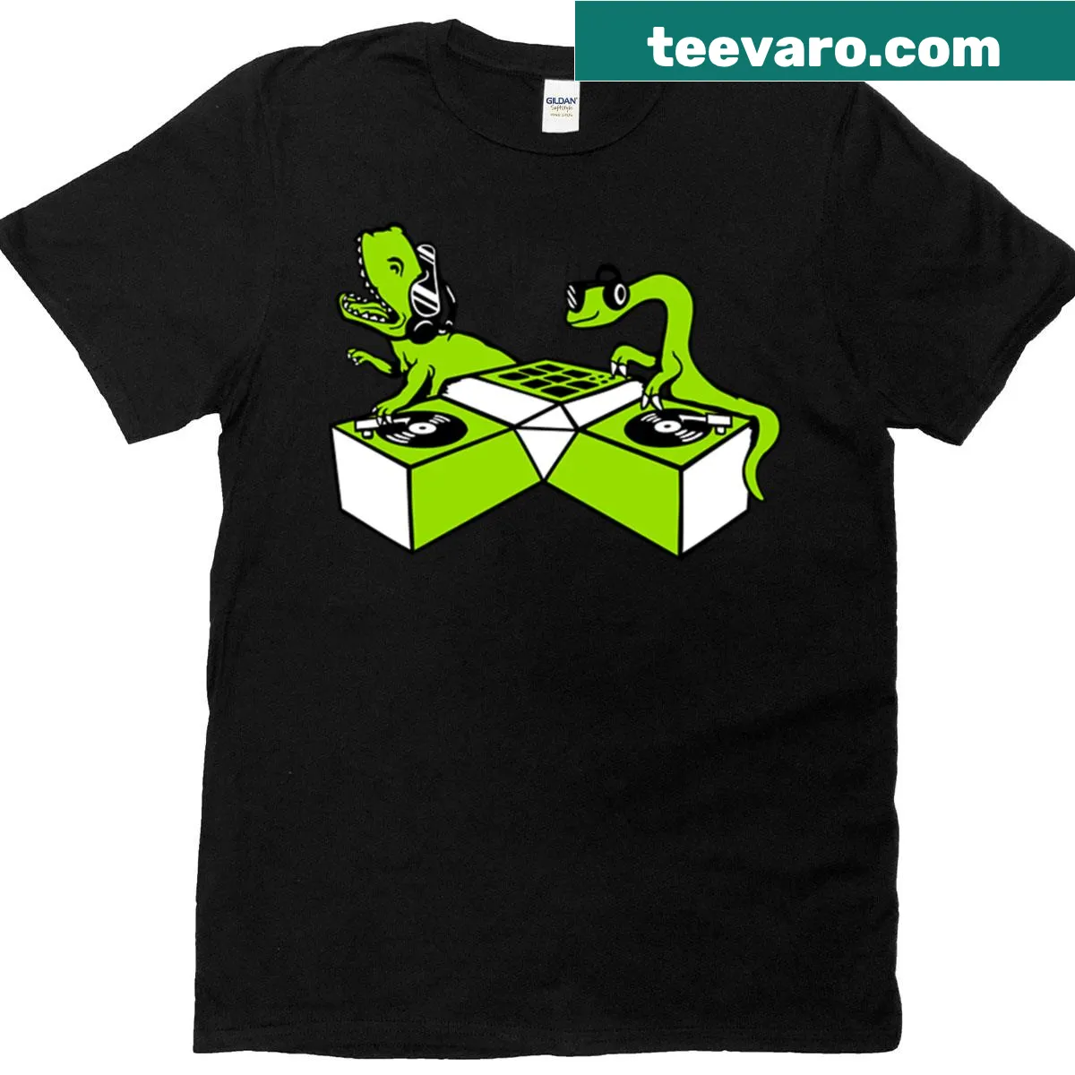 Cartoon T-rex DJ with sunglasses and turntable on a playful music shirt — on a men's t-shirt