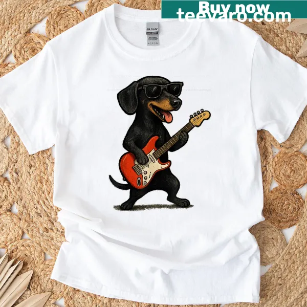 Illustration of a dog playing guitar on a T-shirt