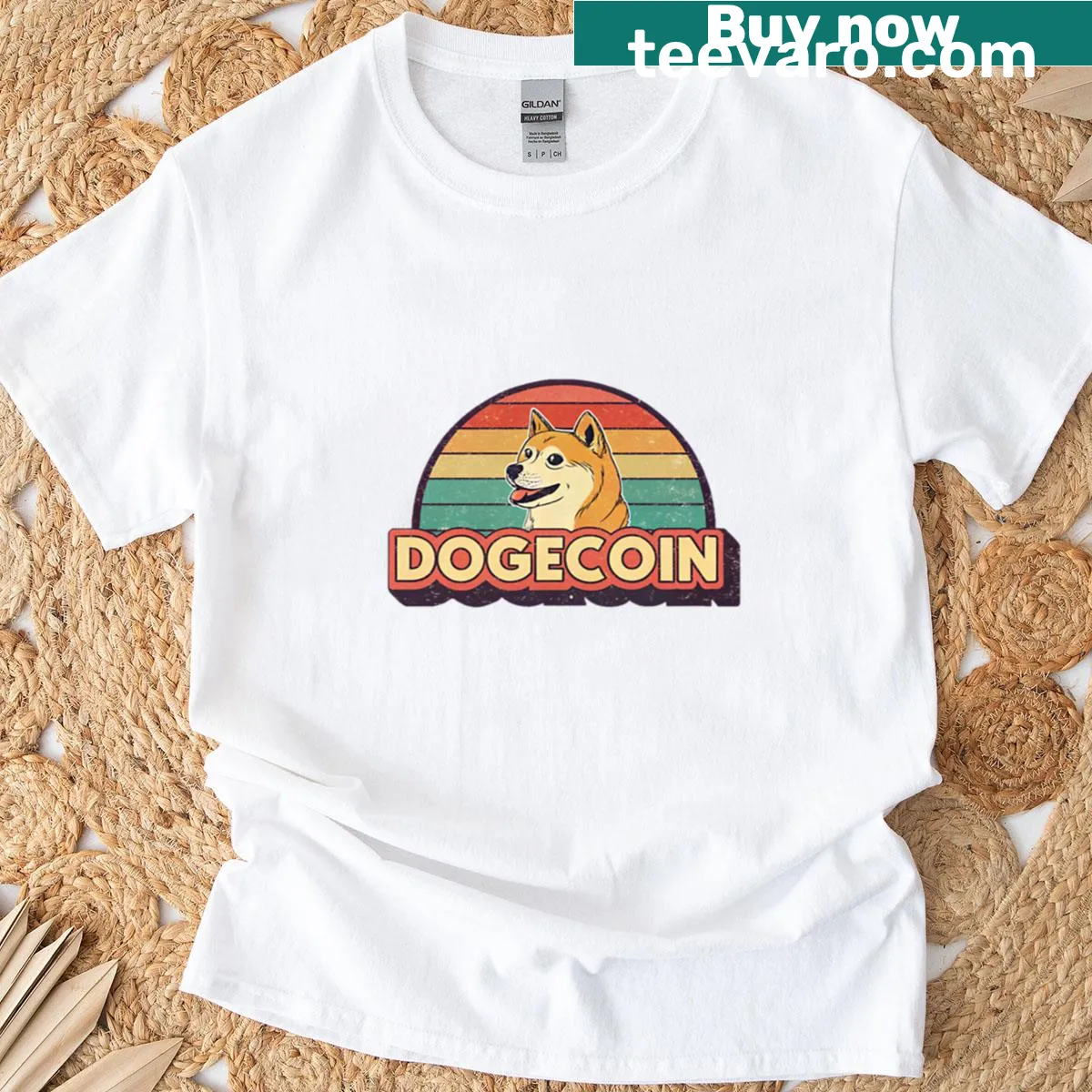 Illustrative T-shirt featuring Dogecoin and Shiba Inu graphics — on a men's t-shirt
