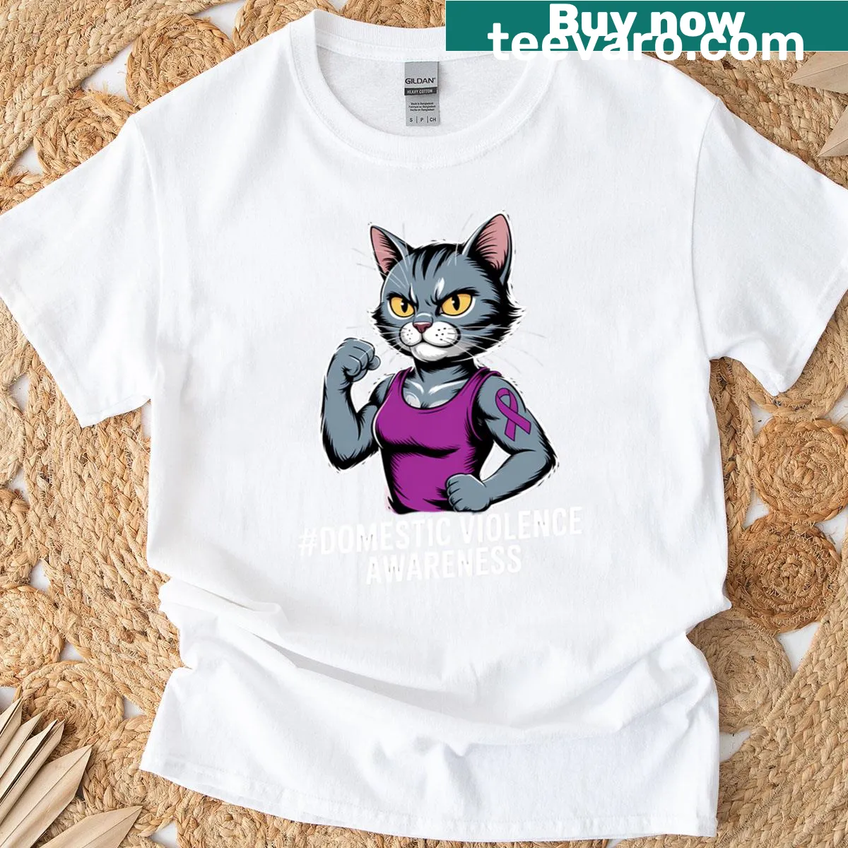 Cute cat graphic T-shirt promoting domestic violence awareness — on a men's t-shirt