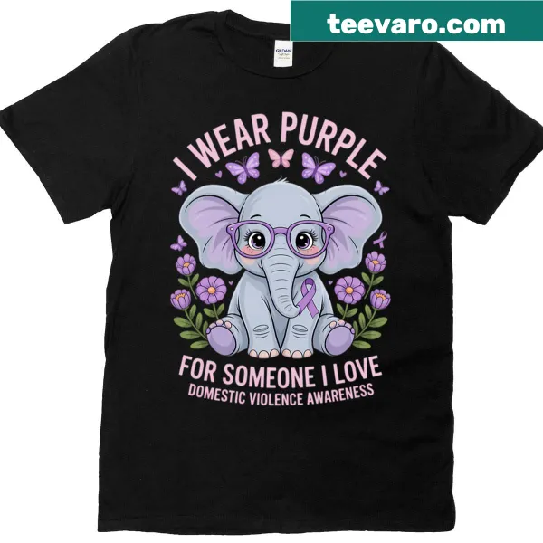 Cute elephant graphic on t-shirt promoting domestic violence awareness