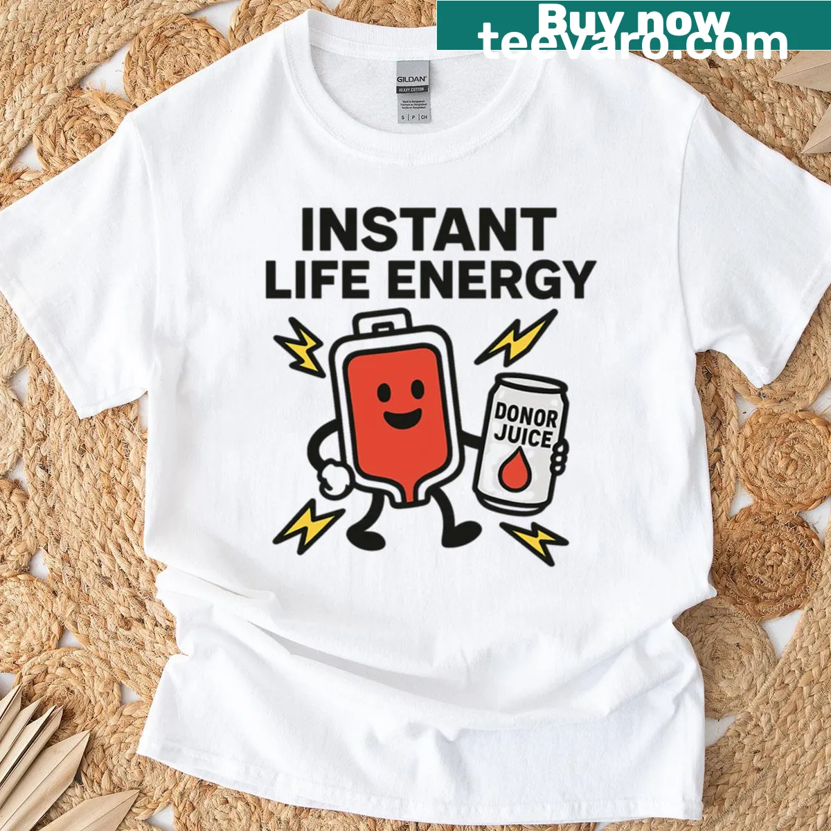 Cartoon t-shirt with 'Donor Juice' meme graphic for instant energy — on a men's t-shirt