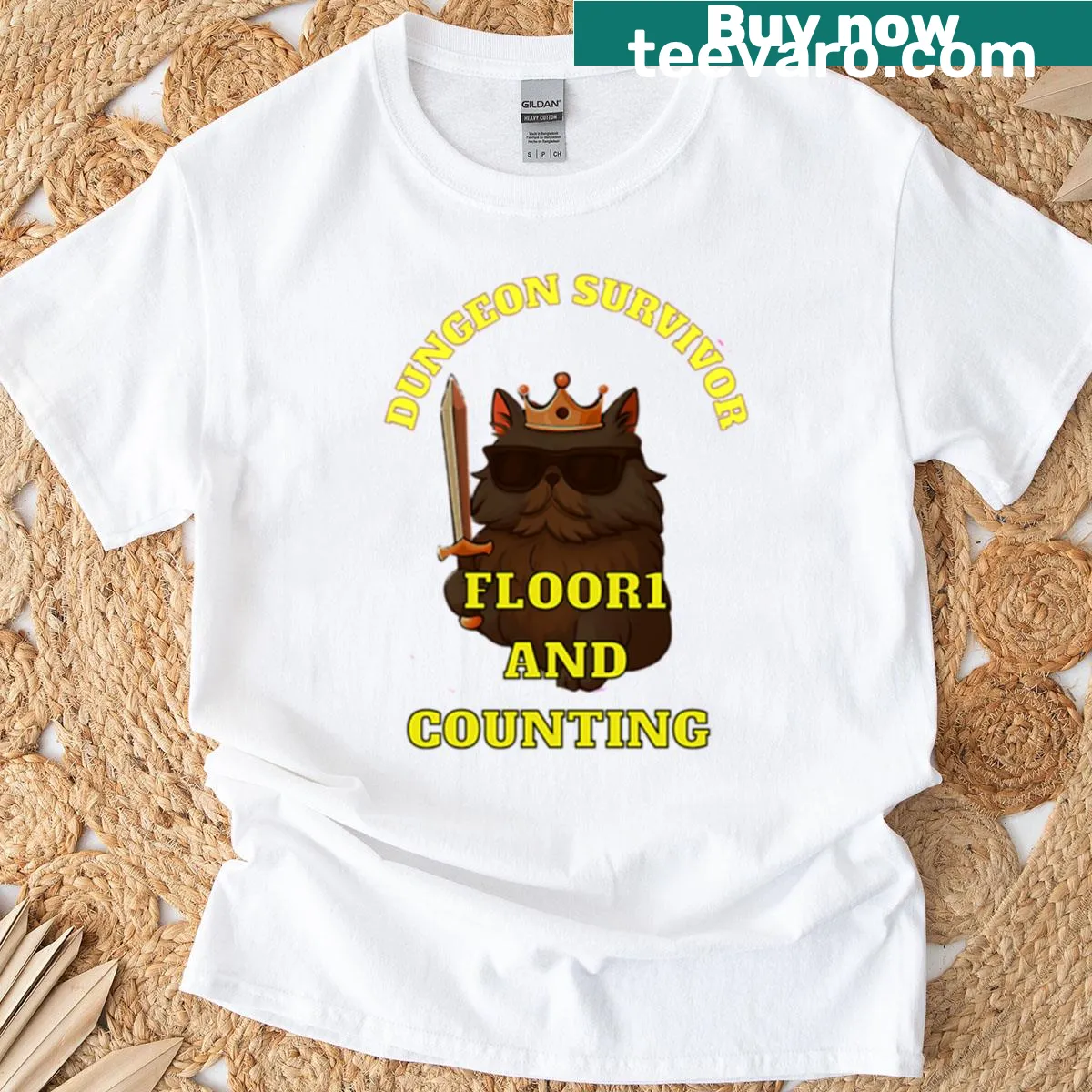 Cartoon of Donut the Cat as a dungeon survivor — on a men's t-shirt