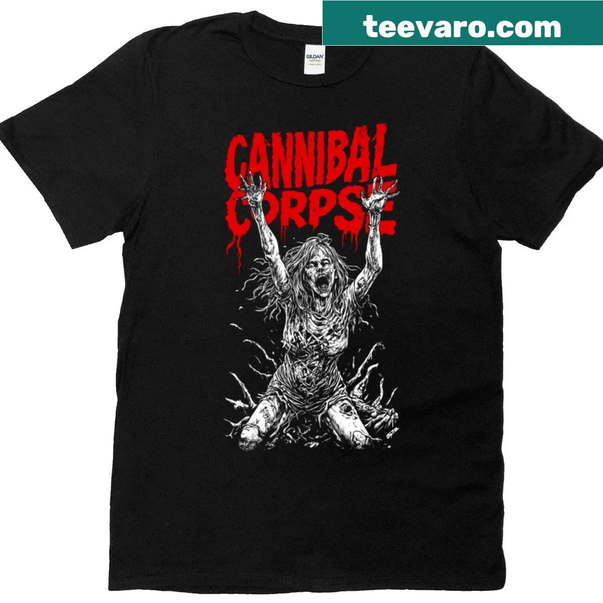 Distressed Cannibal Corpse mosh pit graphic t-shirt — on a men's t-shirt
