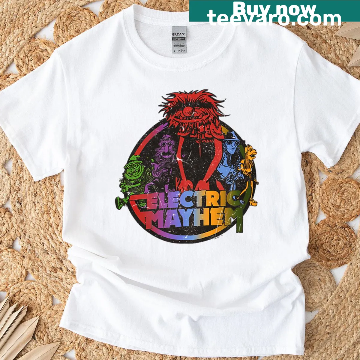 Vintage style T-shirt featuring Electric Mayhem band graphic — on a men's t-shirt