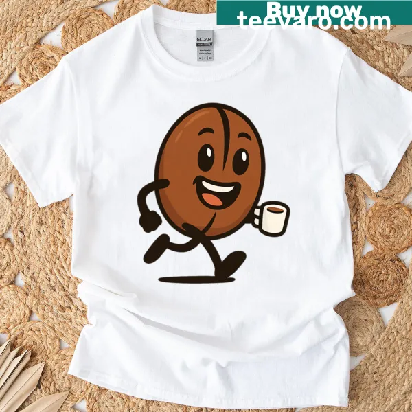 Cartoon coffee bean graphic with stickers, symbolizing energy and fun.