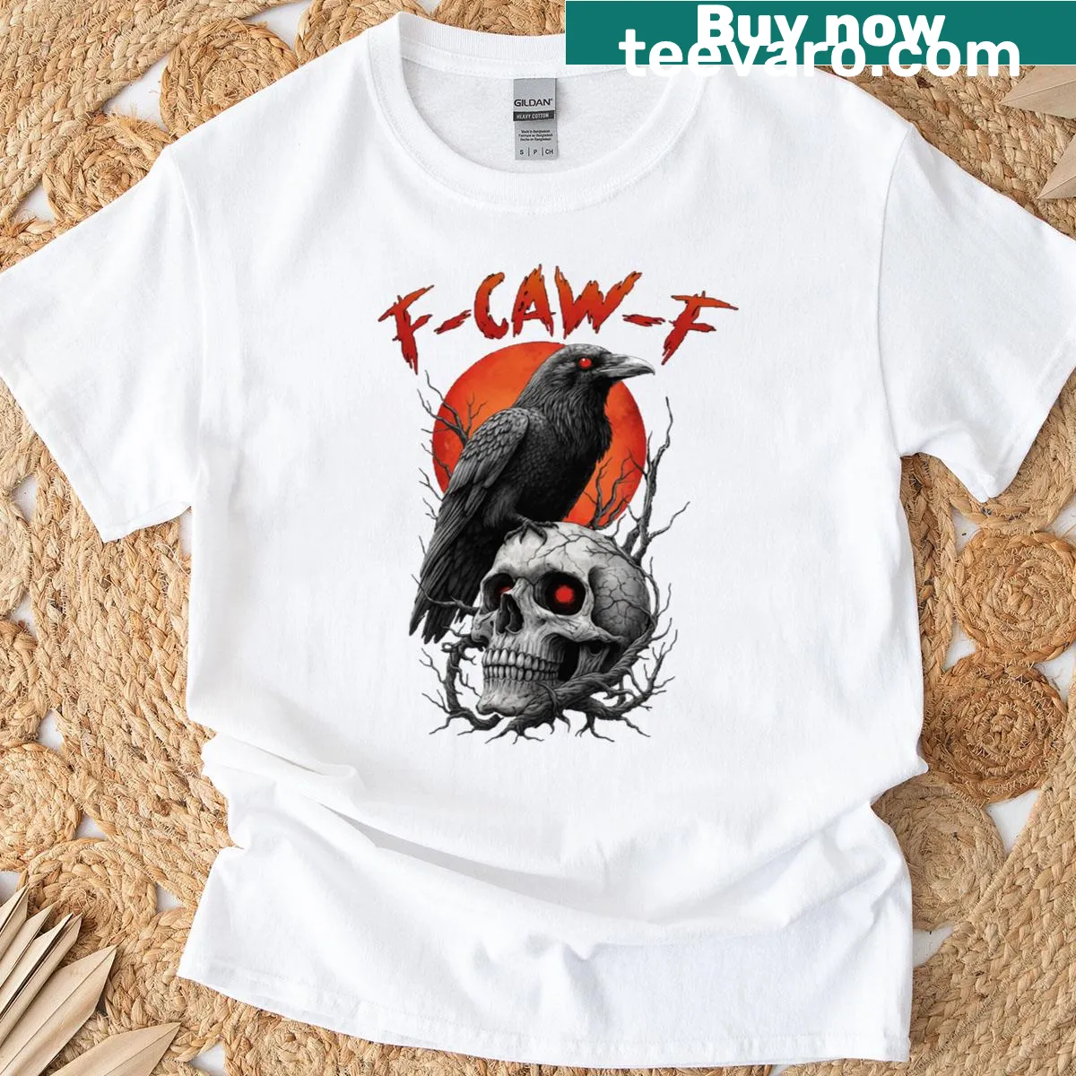 Funny t-shirt with a black raven and sarcastic text against a moon — on a men's t-shirt