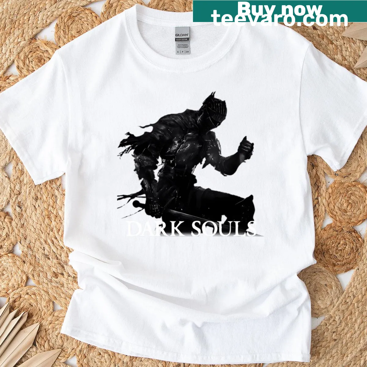 Vintage distressed T-shirt featuring a cursed undead knight from fantasy games — on a men's t-shirt