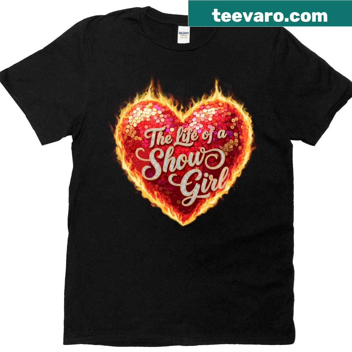 Flame Heart design representing a showgirl on a t-shirt — on a men's t-shirt
