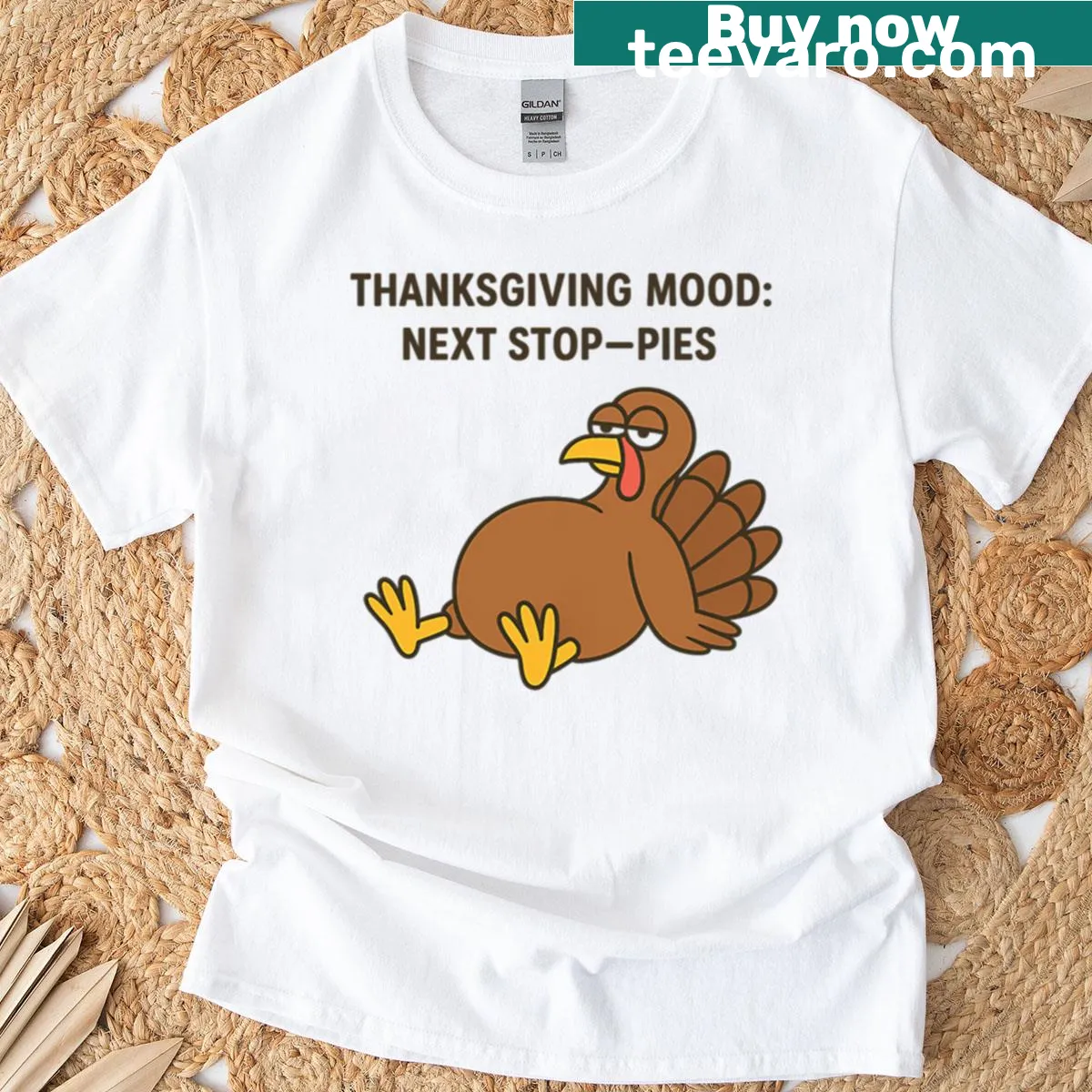 Thanksgiving T-shirt depicting a food coma after turkey — on a men's t-shirt