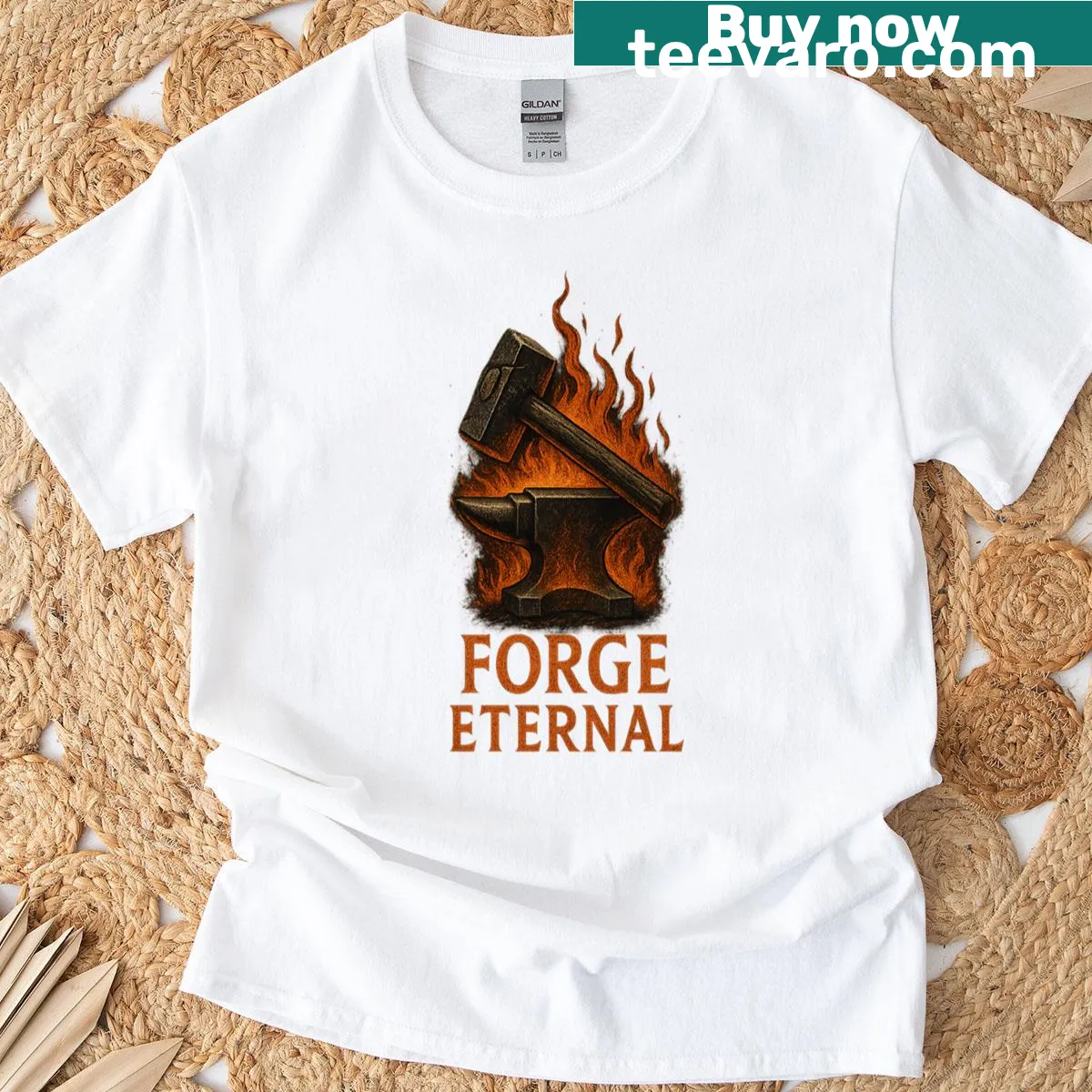 Vintage-style T-shirt with a Viking blacksmith hammer and anvil graphic. — on a men's t-shirt