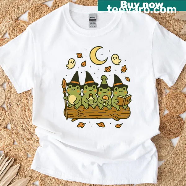 Kawaii frogs in witch costumes with broom, potion, mushroom wand, and spellbook