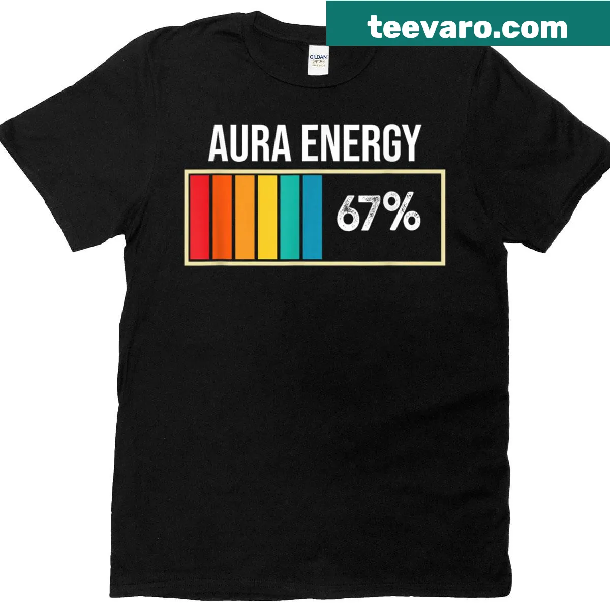 Graphic tee with whimsical text 'Aura Energy 67' — on a men's t-shirt