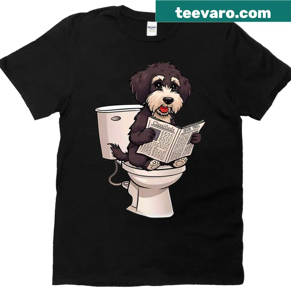 Cartoon t-shirt with an Aussiedoodle dog on the toilet reading a newspaper.