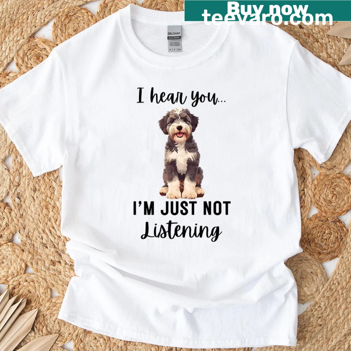 T-shirt featuring a humorous quote about a stubborn Aussiedoodle — on a men's t-shirt