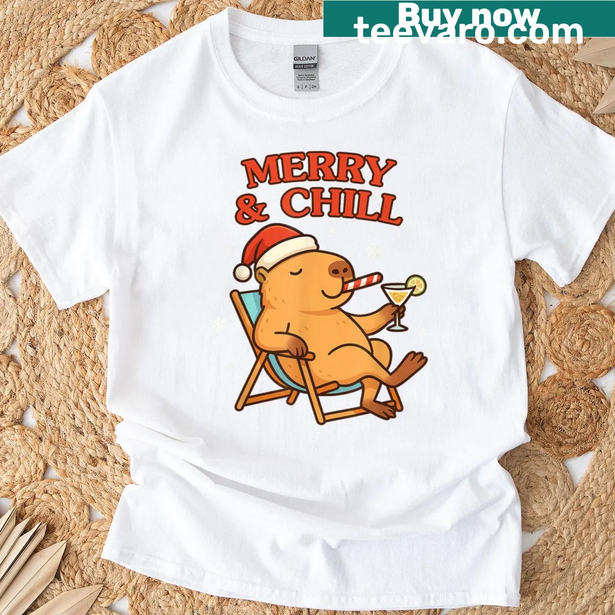 Capybara in Santa hat surrounded by holiday decorations — on a men's t-shirt
