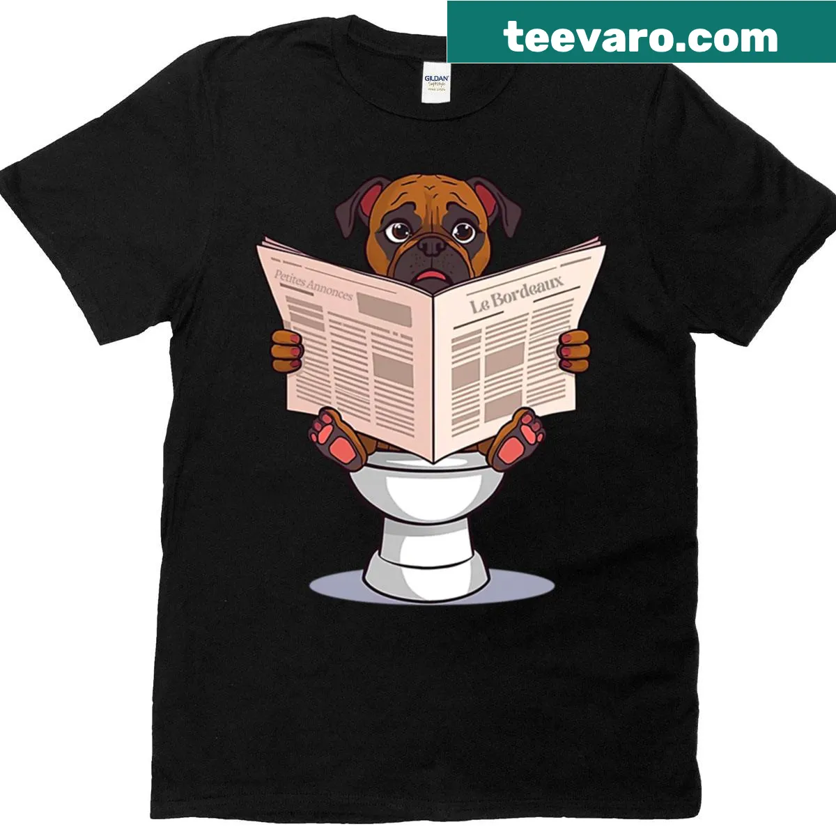 Cartoon Dogue De Bordeaux on toilet reading newspaper graphic T-shirt — on a men's t-shirt