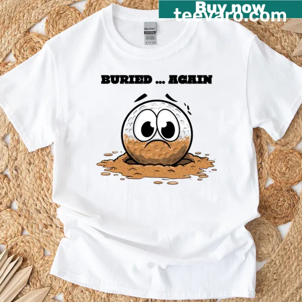 Cartoon golf ball stuck in sand with humorous expression